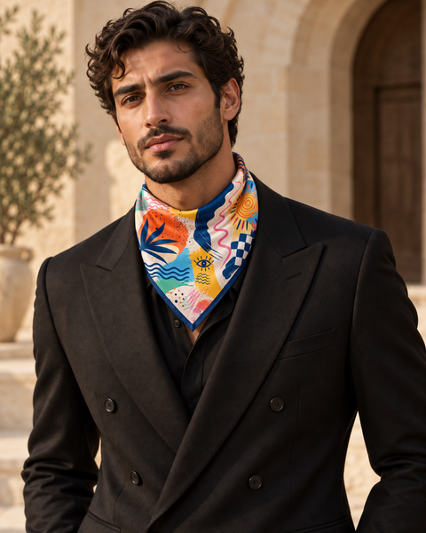 Grafiti Scarf styled as a bandana by a man