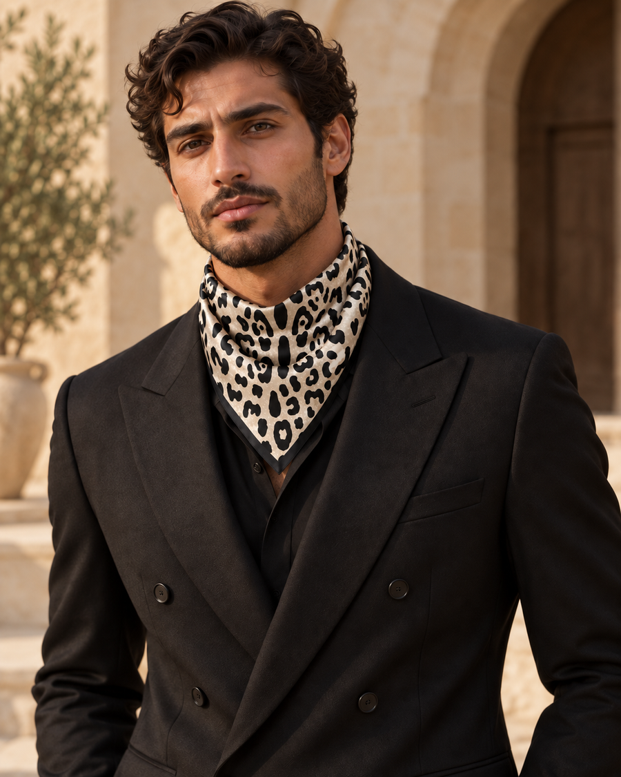 Golden Roar scarf styled as an ascot by a man