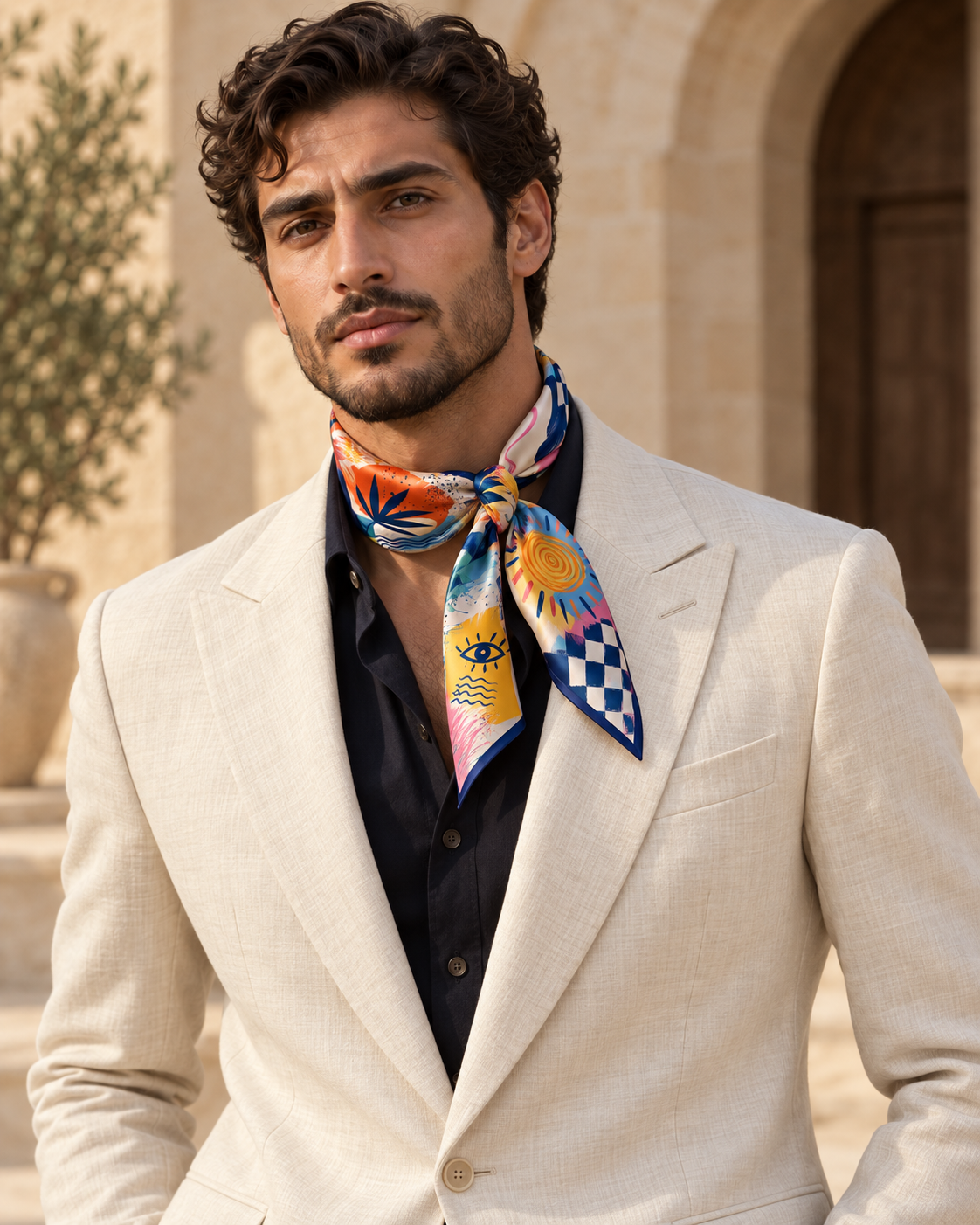 Grafiti Scarf styled as an ascot by a man