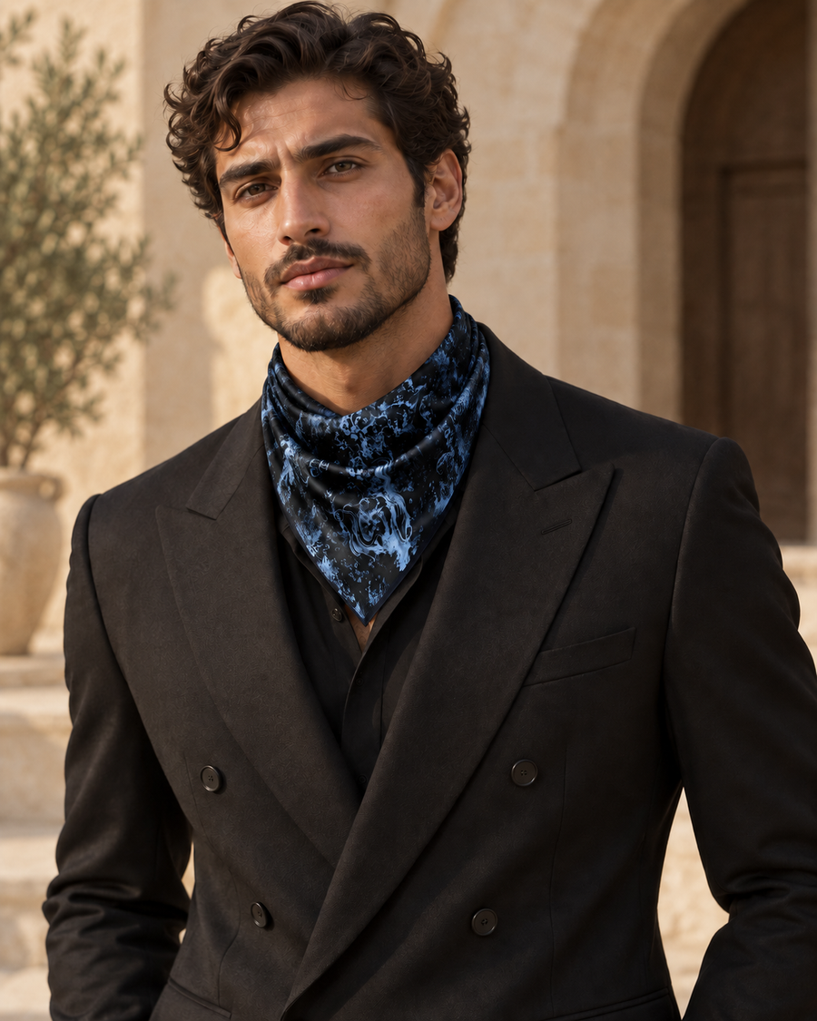 Ocean Bleu Scarf styled as a bandana by a man
