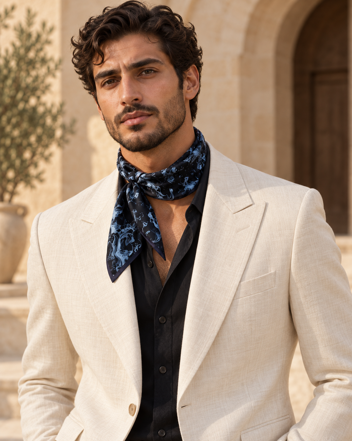 Ocean Bleu Scarf styled as an ascot by a man