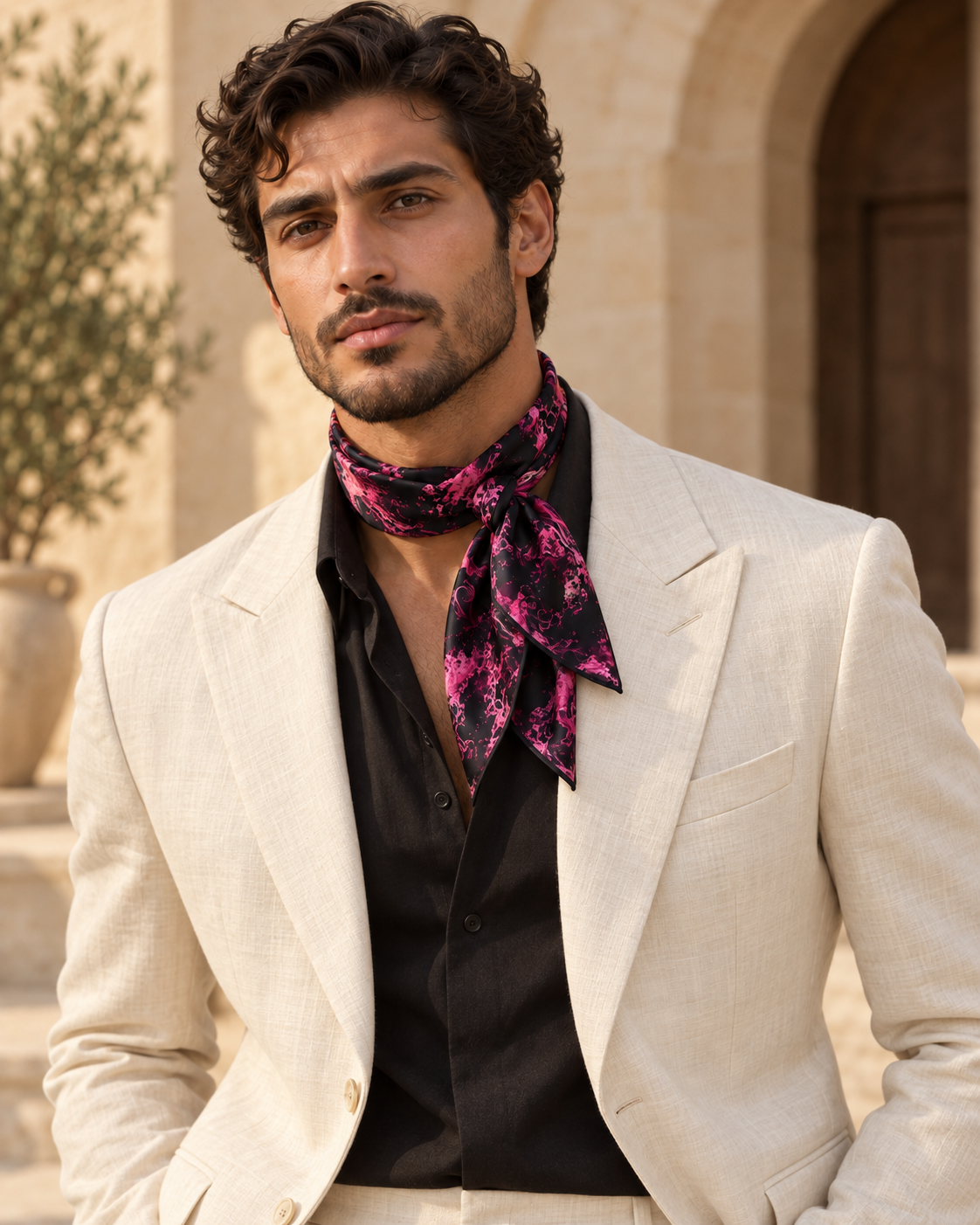 Purple Bubble Scarf styled as a bandana by a man