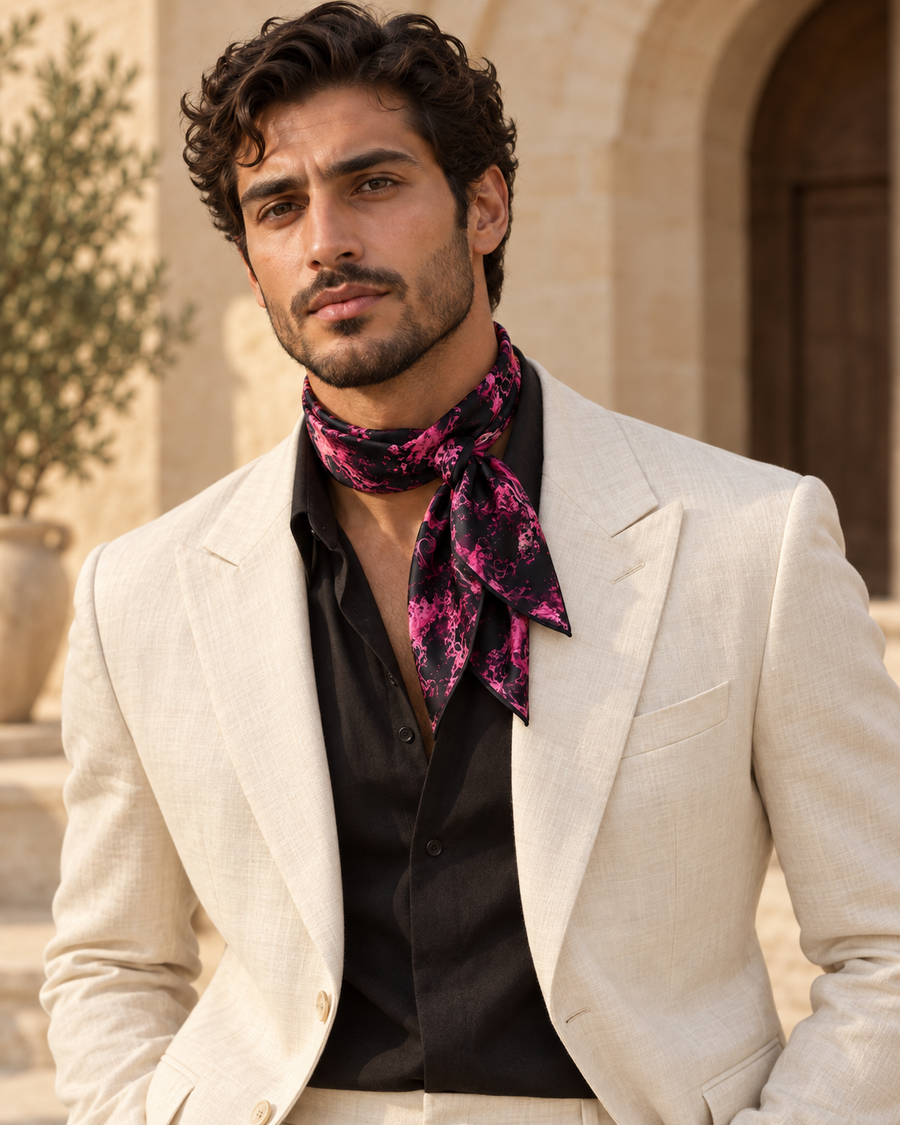Purple Bubble Scarf styled as a bandana by a man