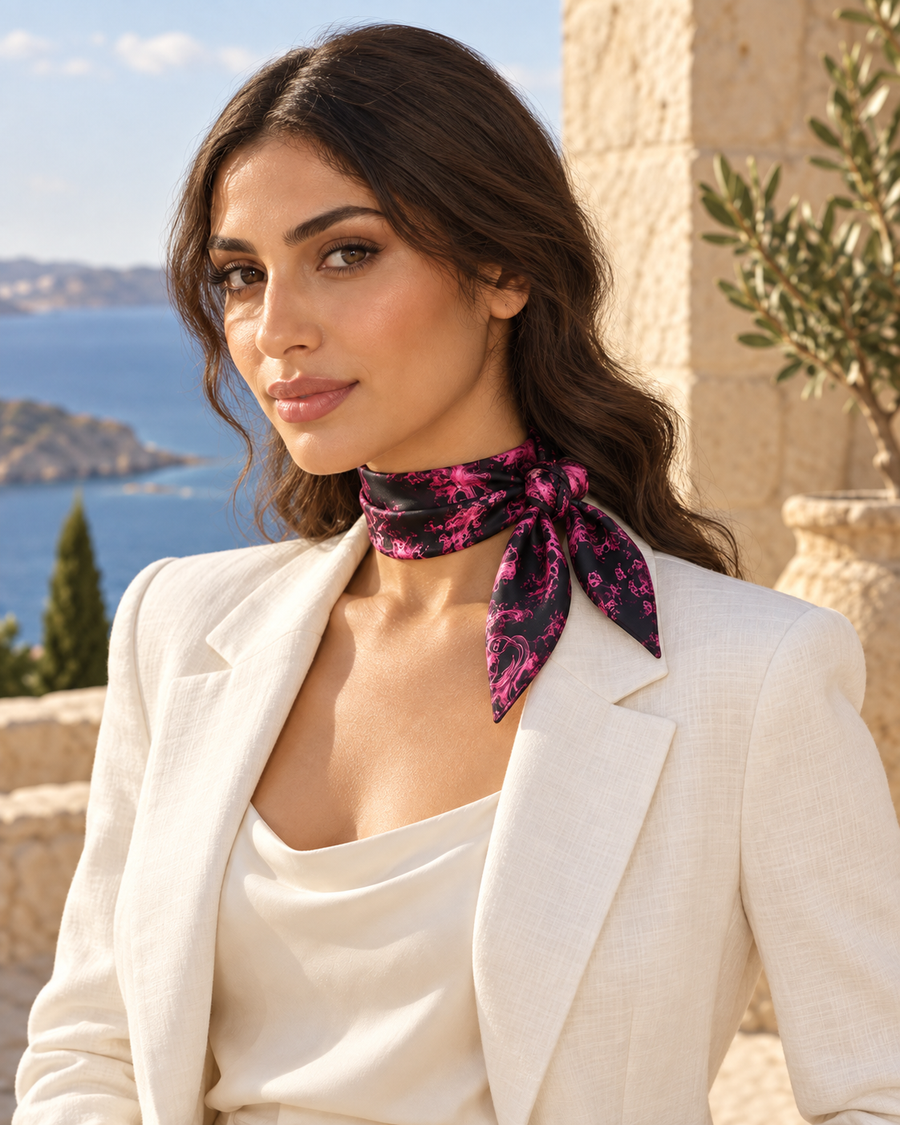 Purple Bubble Scarf styled as a headwrap by a woman