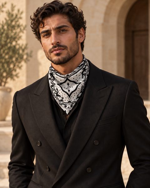 Silver Sailor scarf styled as a bandana by a man