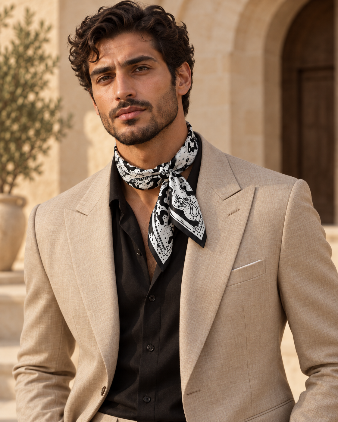 Silver Sailor scarf styled as an ascot by a man