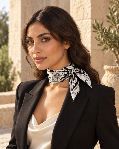 Silver Sailor scarf styled with a neck knot by a woman