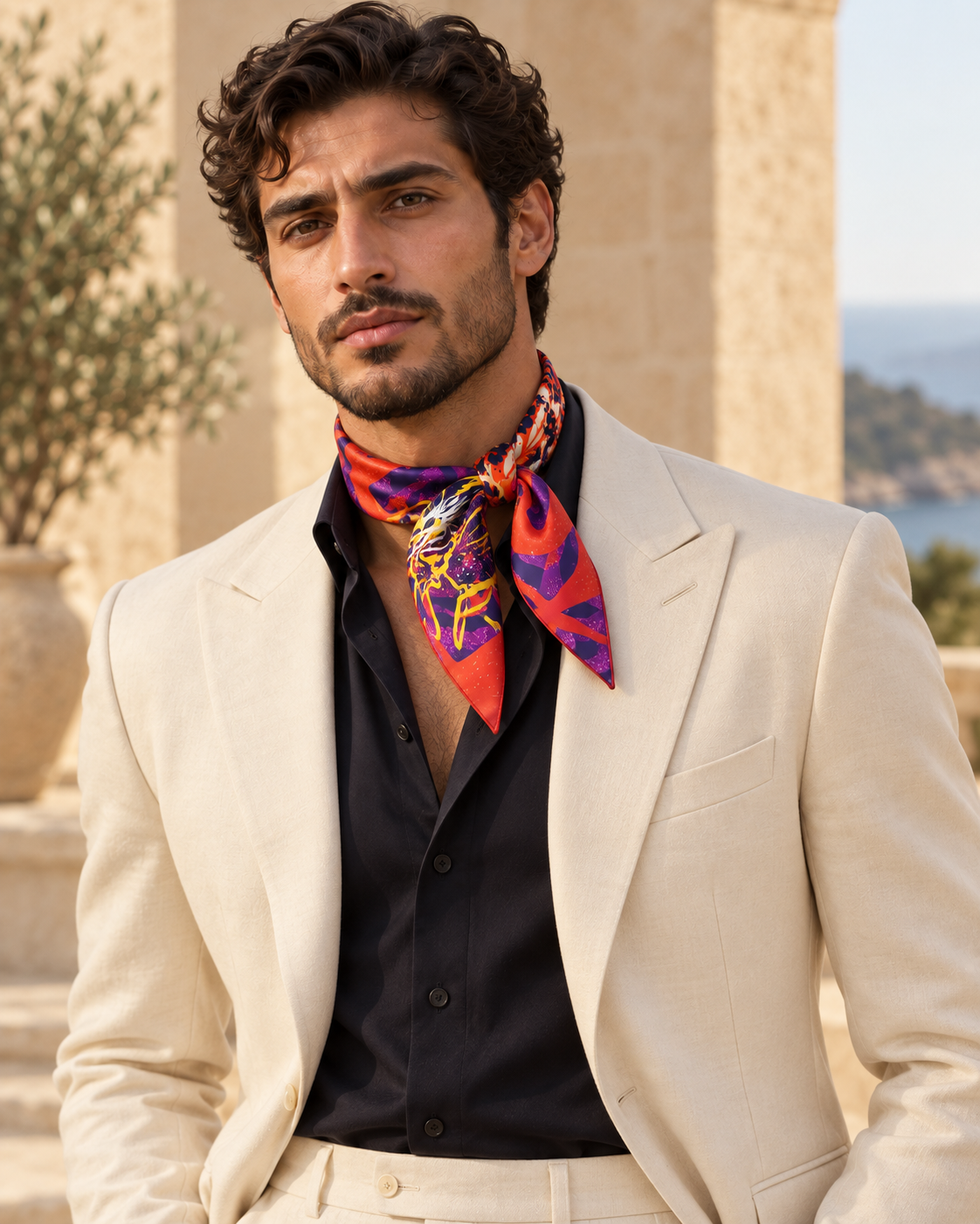 Sunset Bloom styled as an ascot by a man