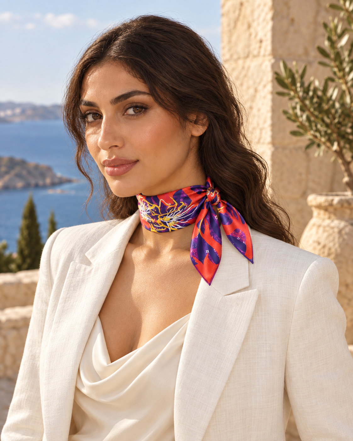 Sunset Bloom styled with a neck knot by a woman