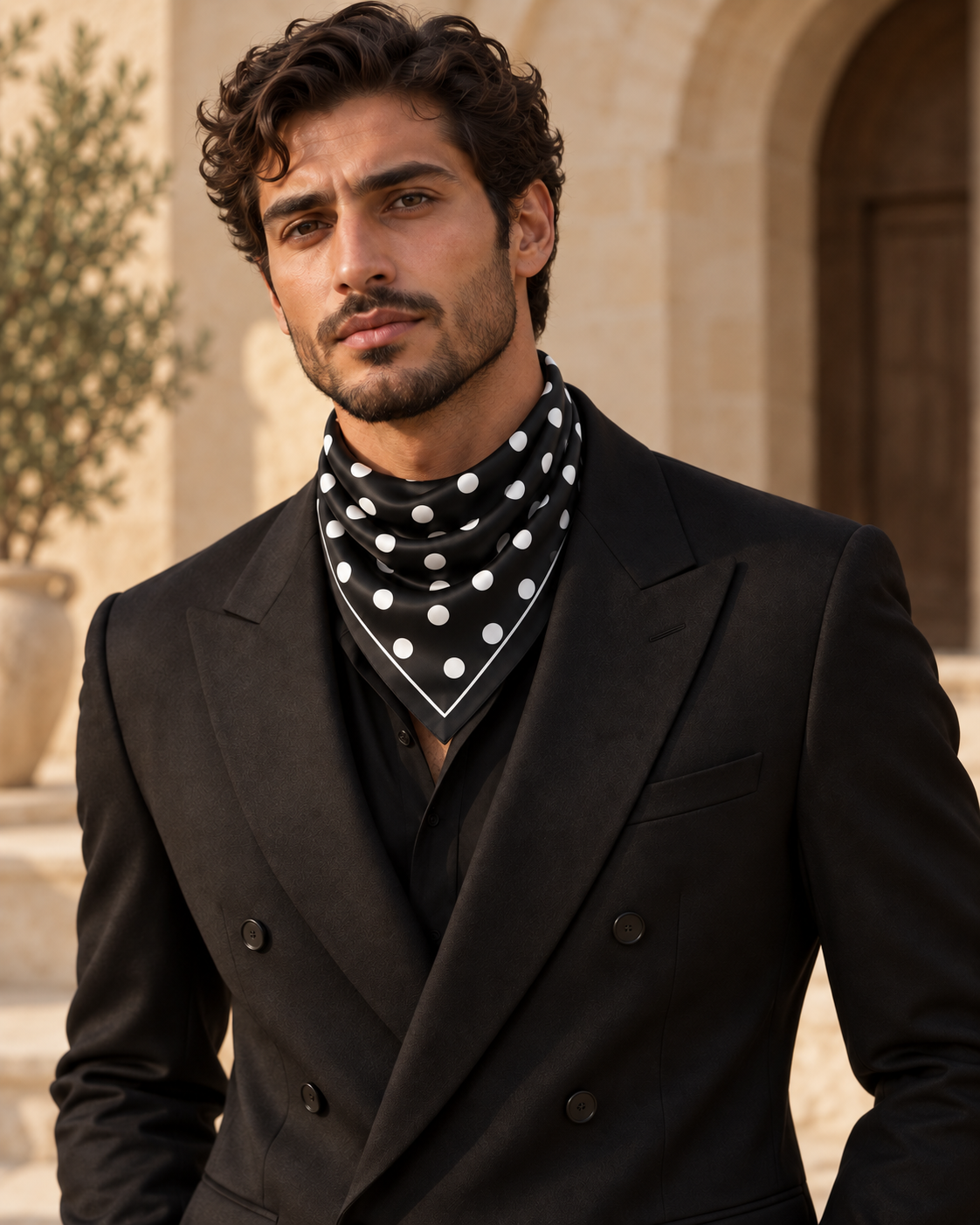 Midnight Pearl scarf styled as an ascot by a man