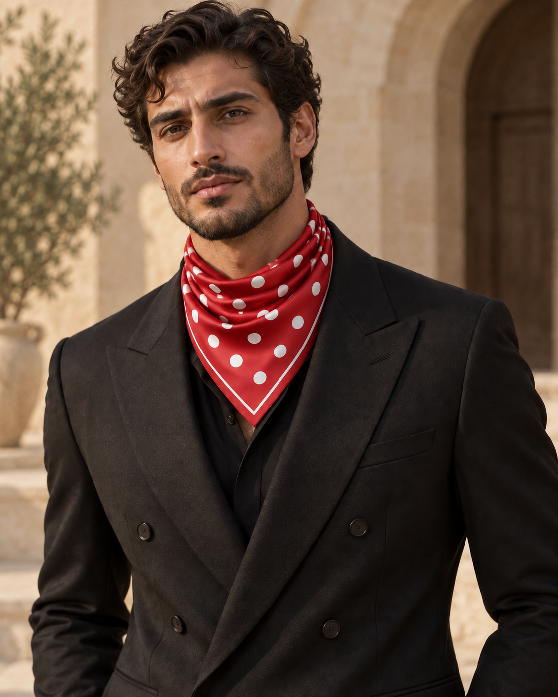 Red Dot Scarf styled as a bandana by a man