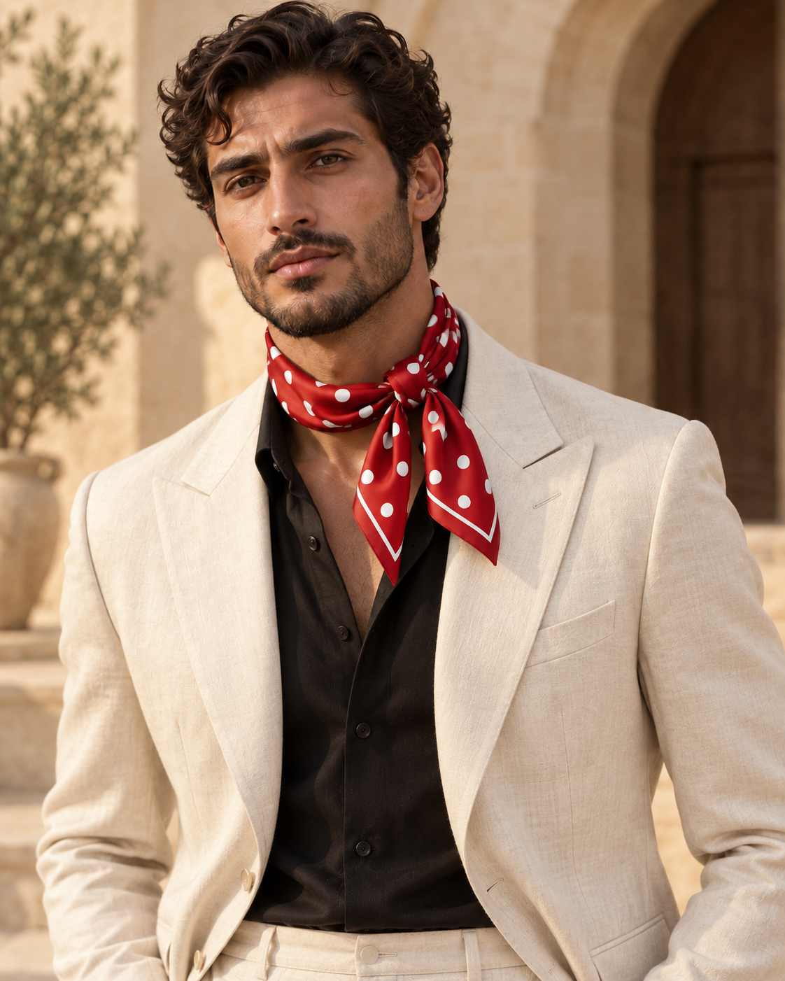 Red Dot Scarf styled as an ascot by a man