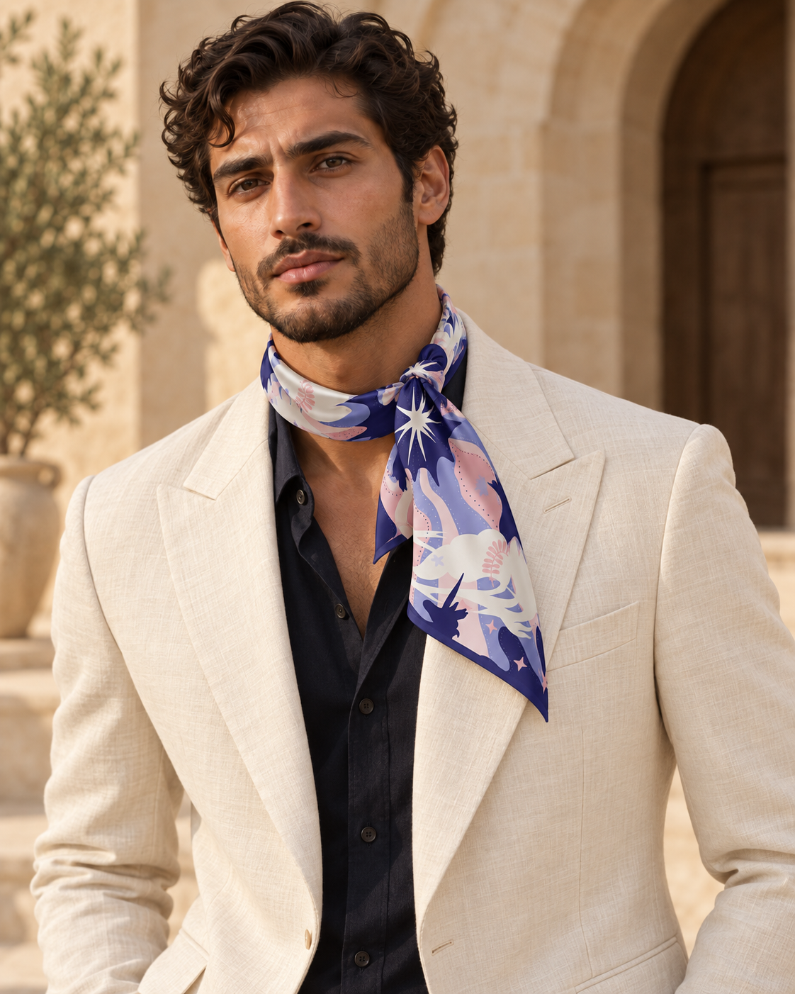 Starry Night scarf styled as an ascot by a man