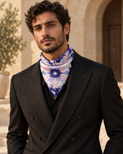 Starry Night scarf styled as a bandana by a man