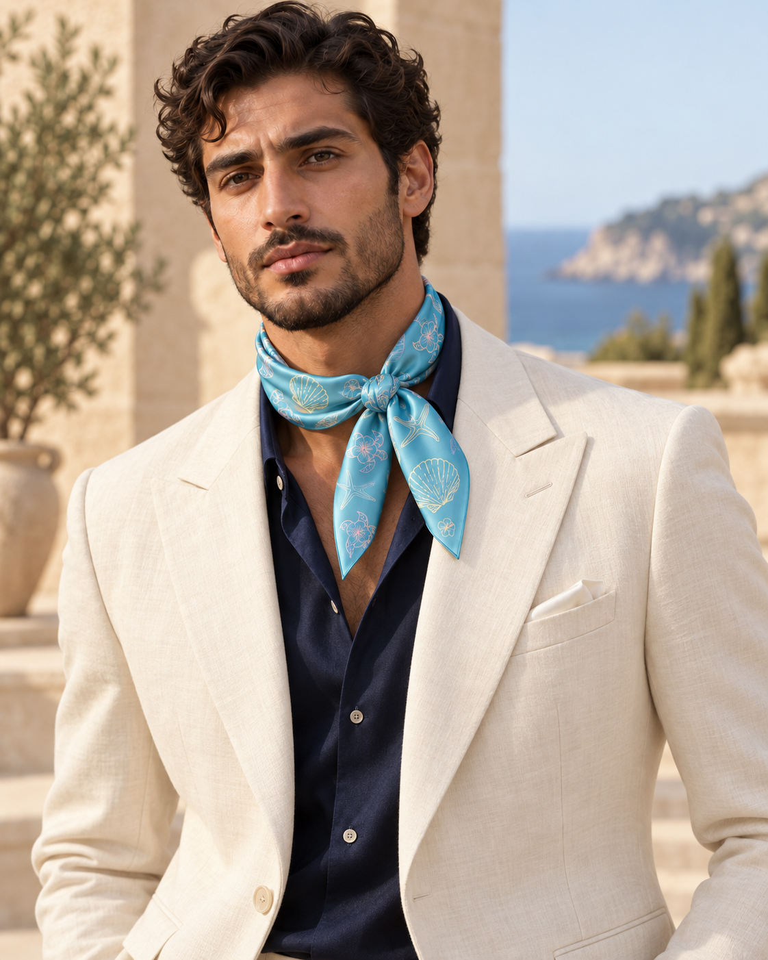 Sea Scarf styled as an ascot by a man
